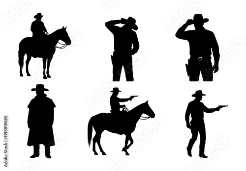 Cowboy Silhouette Set Featuring Men Riding Horses And Gunfighters Isolated On Transparent Background For Western Design