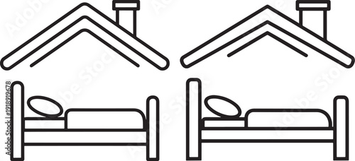 Two stylized houses with roofs and chimneys, and two beds with pillows, representing home and rest in a simple line art style.
