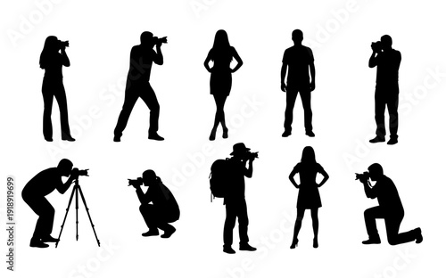 Set Of Silhouettes Of Professional Photographers And Models Isolated On Transparent Background For Photography Business