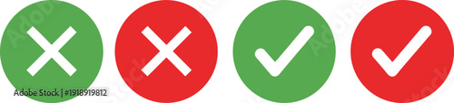 Check mark and cross icons set, approval and rejection symbols in green and red for decision making concepts