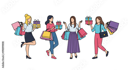 Group of stylish women enjoy a fun day of shopping together while carrying numerous colorful bags and stacked gift boxes in various outfits.