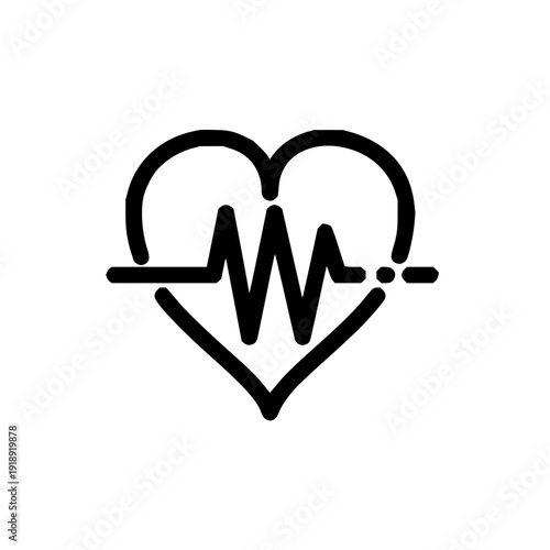 Black line icon of a heart shape with an electrocardiogram (ECG) pulse line, symbolizing health, medical care, wellness, love, and the vital rhythm of life and well-being