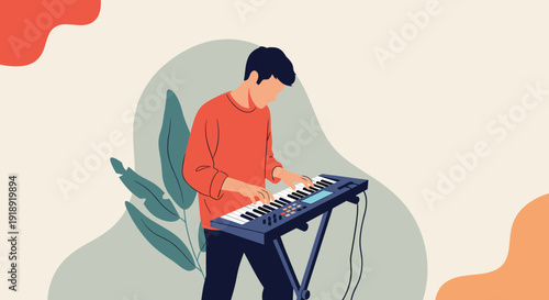 Talented musician plays a modern electronic keyboard synthesizer while immersed in creating a melodic music composition in a studio setting.