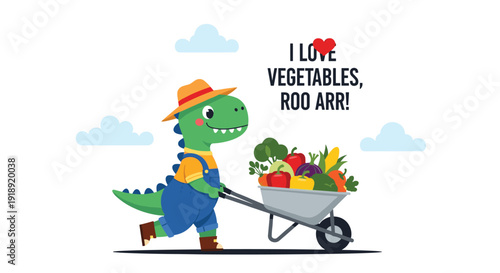 Happy gardener dinosaur wearing a straw hat and overalls pushes a wheelbarrow full of fresh harvest vegetables under a blue sky.