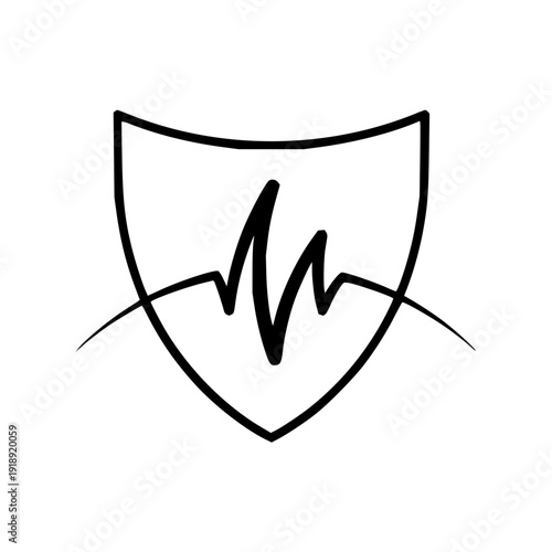 Minimalist line art icon depicting a pulse wave within a protective shield, symbolizing health security, medical monitoring, and wellness safeguard against various threats