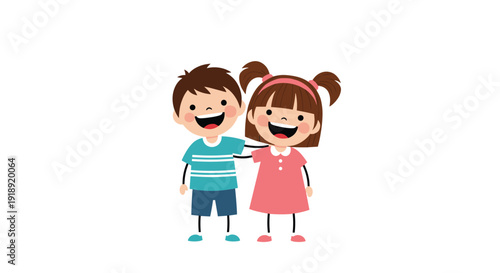 Two cheerful young friends, a boy and a girl, stand together with their arms around each other while laughing and enjoying their happy childhood.