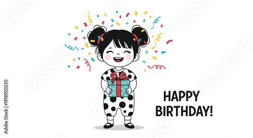 Joyful young girl with black hair celebrates her birthday by holding a colorful gift box amidst a shower of bright festive confetti.