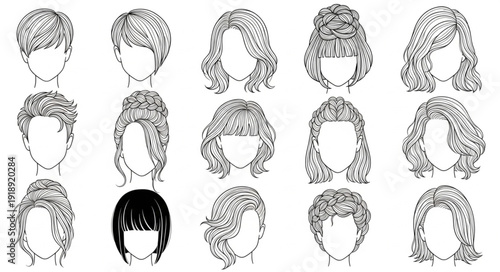 Collection of diverse hairstyles illustrated in black and white.