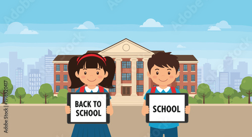 Two happy elementary students, a boy and a girl, stand in front of their school building holding tablets to welcome the new academic year.