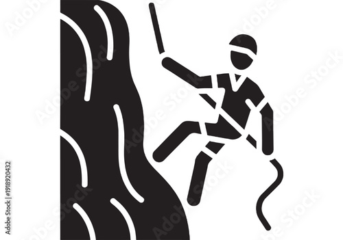 Climber rappelling icon with rope and harness descending steep rock face, minimalist black and white pictogram for outdoor adventure, climbing safety, sport signage