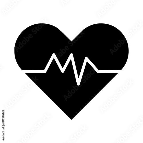 Graphic illustration of a black heart shape featuring a prominent white ECG waveform, representing cardiac health, medical diagnostics, and overall well-being
