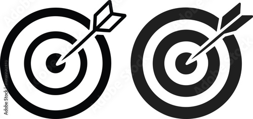 Bullseye target with arrow hitting center, business goal achievement concept, precision focus strategy success icon isolated on clean background