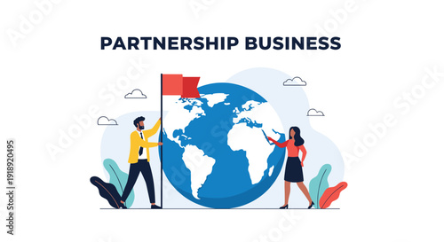 Professional business partners stand next to a large globe and plant a flag to symbolize their successful global expansion and international trade.