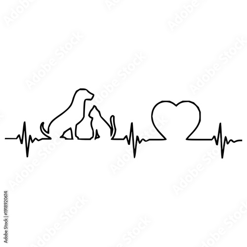 Emotional line art illustration of a dog, cat, and heart within an electrocardiogram pulse, capturing the essential love and care for pets, ideal for animal enthusiasts and veterinary themes