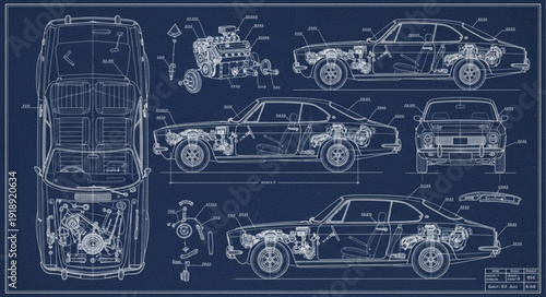 Detailed Blueprint of a Classic Sports Car Showing Engine and Chassis.