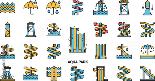 Aqua park water slide flat vector icon set featuring colorful swimming pool attractions, umbrellas and summer amusement elements