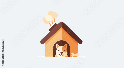 Corgi dog peeking out from cozy doghouse with smoke chimney on light background