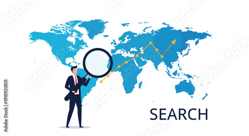 Businessman uses a large magnifying glass to analyze a rising global growth trend on a world map for strategic market research and discovery.