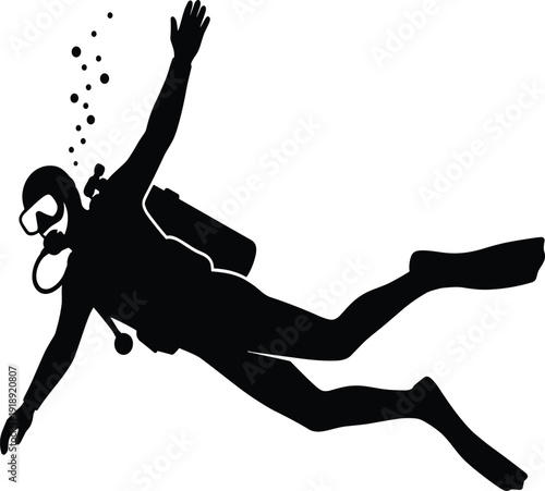 Black Silhouette Vector Illustration of a Scuba Diver Swimming Underwater with Diving Gear Oxygen Tank Mask and Flippers Releasing Air Bubbles