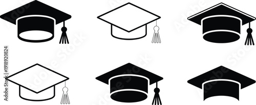 Graduation cap icons set with academic hat symbols for education university learning achievement and certification design elements