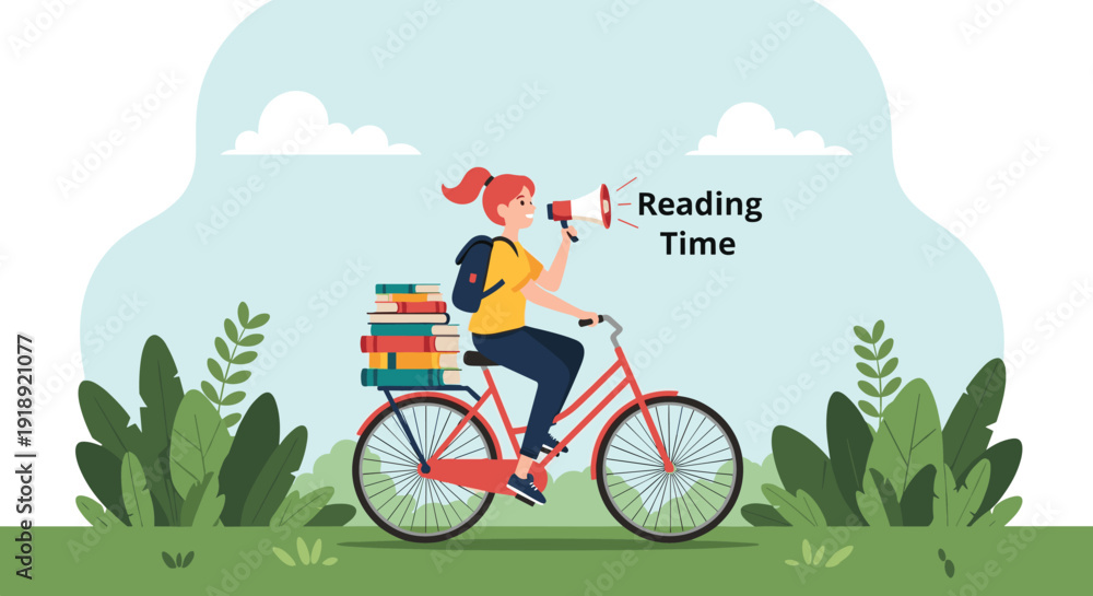 Fototapeta premium Active young woman riding a bicycle with a stack of books while announcing reading time through a megaphone in a park.