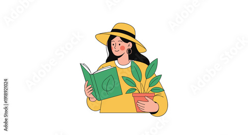 Enthusiastic female gardener wearing a sun hat holding a potted indoor plant while reading a botanical book about plant care.