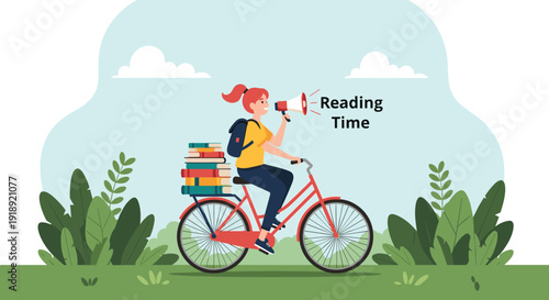 Active young woman riding a bicycle with a stack of books while announcing reading time through a megaphone in a park.