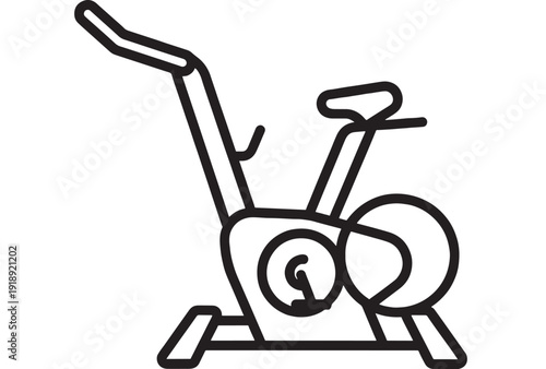 Exercise bike icon with stationary indoor cycling trainer outline, minimal black line pictogram for fitness app UI, gym equipment symbol isolated on white background