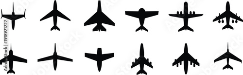 Airplane silhouettes collection with various aircraft types top view aviation icons for travel transport logistics and airline design
