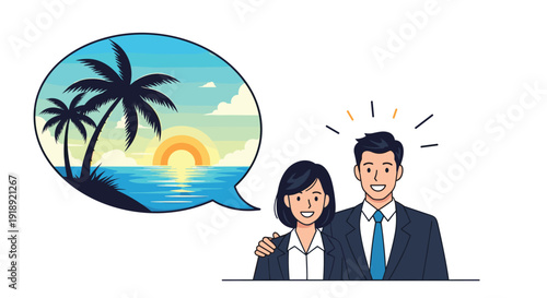 Professional business couple dreaming of a relaxing tropical vacation with palm trees and a sunset during their office work.