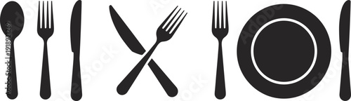 Cutlery and dining icons set with spoon fork knife and plate silhouettes for restaurant menu catering design