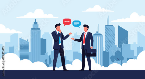 Two professional businessmen having a conversation with speech bubbles in front of a blue modern city skyline background.