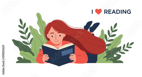 Peaceful young girl with flowing red hair lying on her stomach in the grass while reading a book in a lush garden.