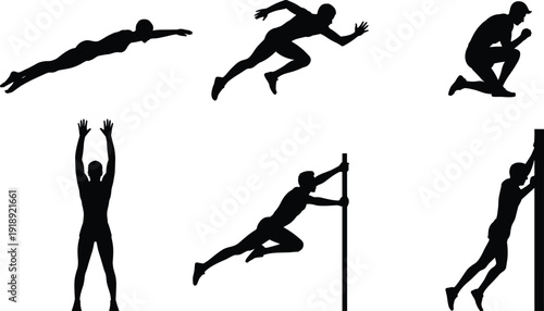 Athlete silhouette set with various sports poses including swimming running jumping and climbing isolated on white background for active lifestyle design