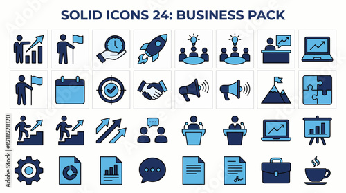Blue business icons pack for meetings, analytics, teamwork, project management and office productivity – cohesive vector icons