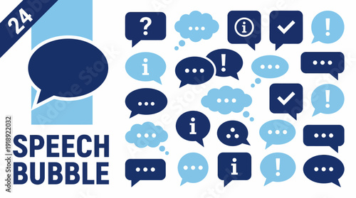 Blue speech bubbles and chat icons collection for online communication, dialogue, and information exchange in a flat design style