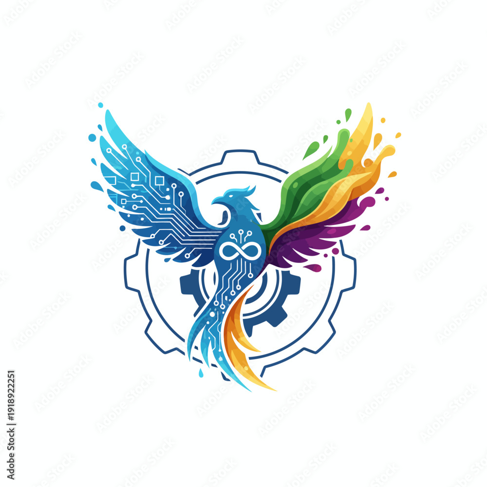 Obraz premium Vibrant phoenix rising from mechanical gear with colorful splashes, symbolizing innovation and creativity