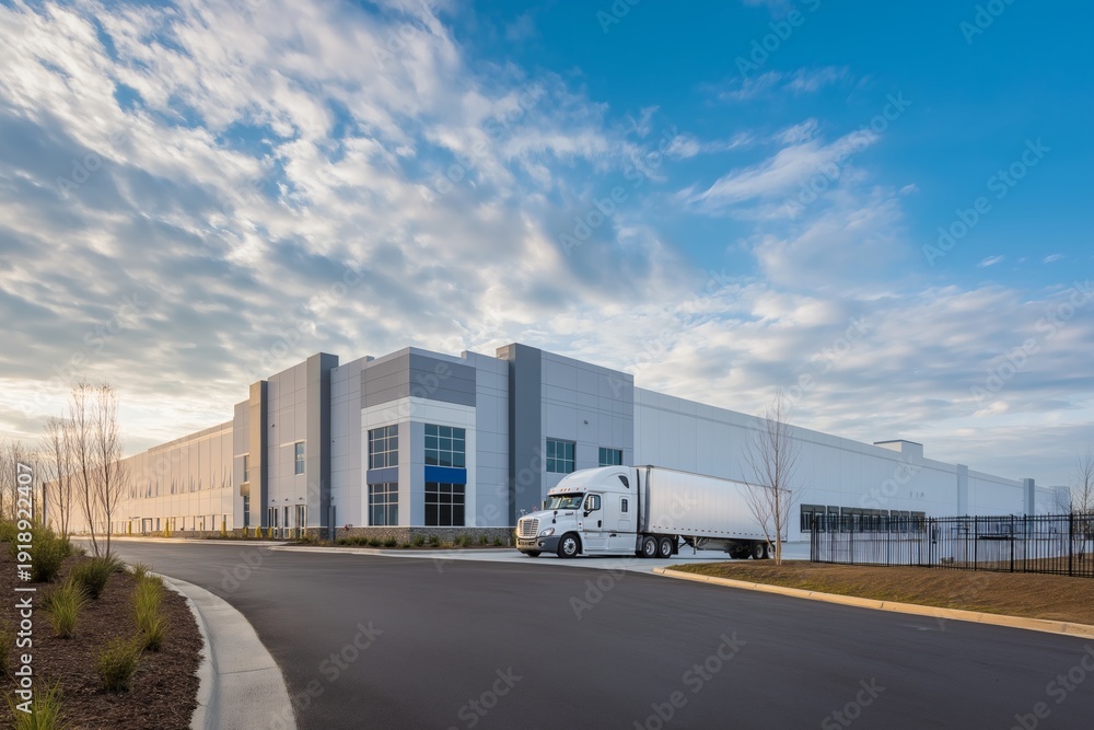 Fototapeta premium Modern Warehouse and Truck on a Sunny Day, Logistics and Distribution
