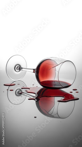 Broken red wine glass with spilled liquid on reflective surface