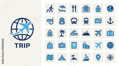 Global travel concept with globe logo and a grid of travel icons for trip planning and tourism branding