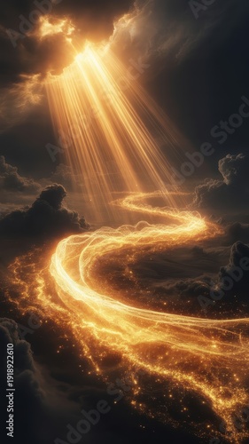 Divine golden light ray streaming from cloud onto celestial glowing river