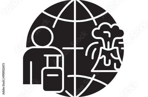 Icon travel insurance coverage with traveler and suitcase, protected world globe, and natural disaster volcano eruption symbol, black glyph pictogram on white background