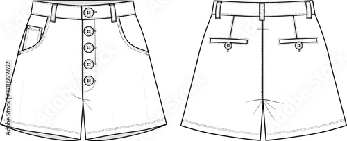 Black and white of front and back view of a short skirt with belt loops and buttons