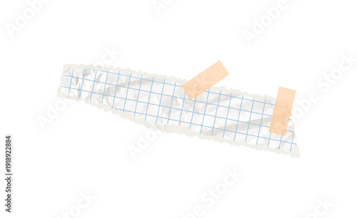 Torn paper note vector in white color. Features sticky adhesive tape texture, old notebook rip, cut shape for education collage, stationery projects. Piece of cardboard sheet with blue square stroke