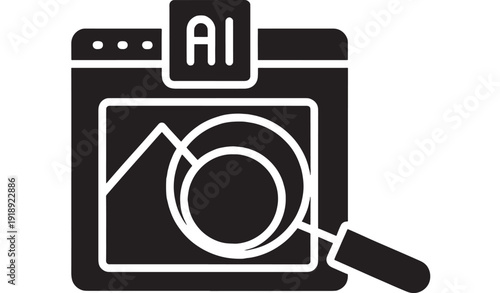 Camera AI search icon with magnifying glass overlay, black silhouette interface symbol for image recognition, photo analysis, visual lookup, and smart gallery app UI