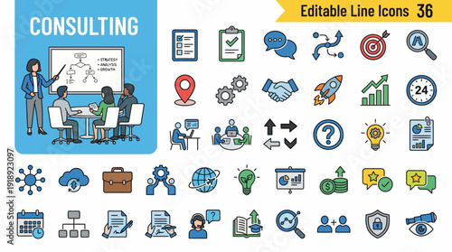 Consulting team collaborating at a table with data analytics and digital transformation icons