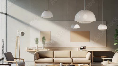 Bright living room offers a spacious and airy environment, featuring minimalist furniture, subtle decor accents, and abundant natural light warming the contemporary interior