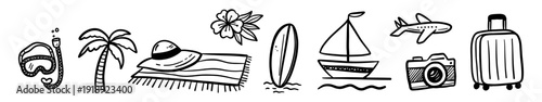Minimal summer travel outline doodle set with airplane suitcase yacht camera snorkel palm tree and beach accessories isolated on white background. Vector illustration