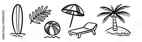 Hand drawn summer beach outline icons set with surfboard palm tree umbrella sun lounger ball and tropical vacation elements isolated on white background. Vector illustration