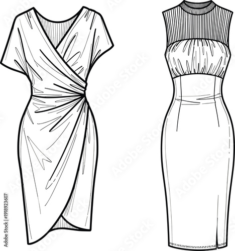 Black and white of two women's dresses women's clothing fashion black and white line fashion clothing dresses with sleeves